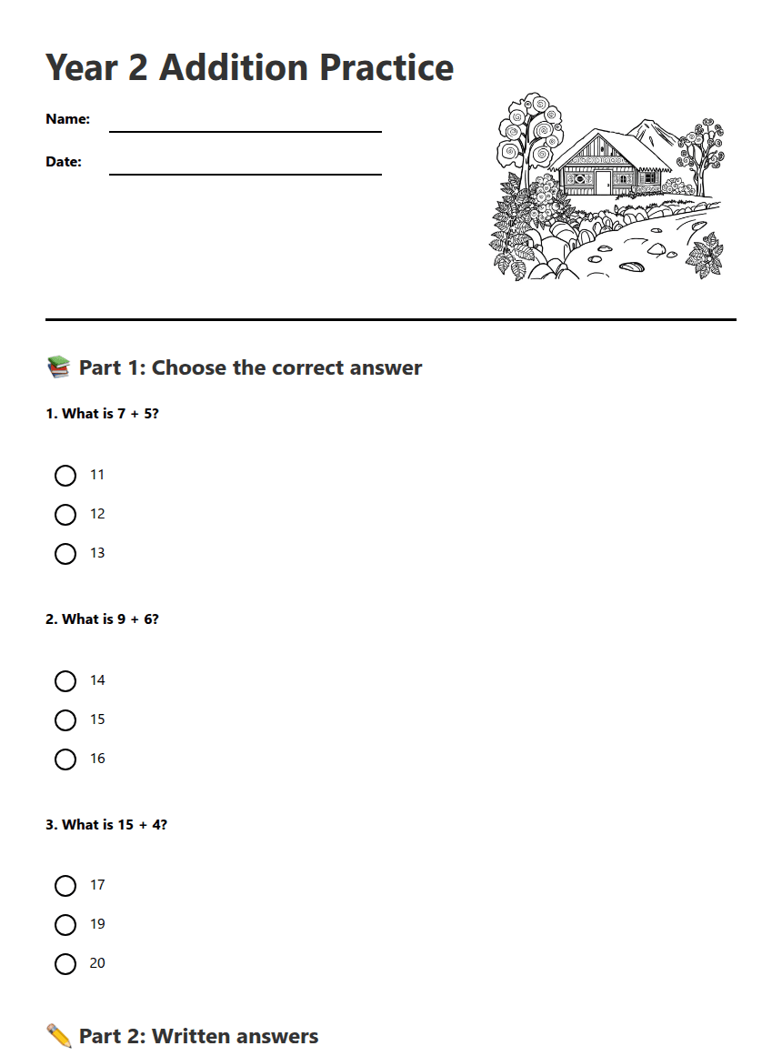 Year 2 Addition Practice worksheet preview