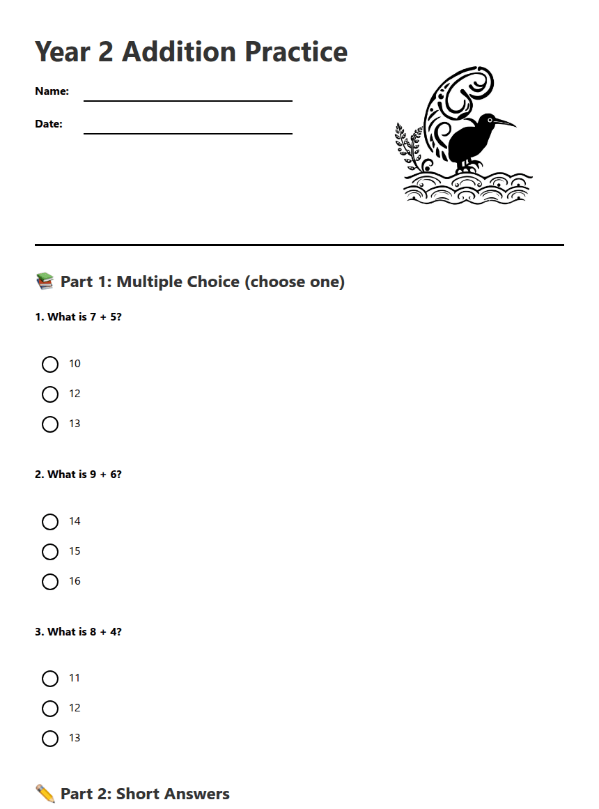 Year 2 Addition Practice worksheet preview