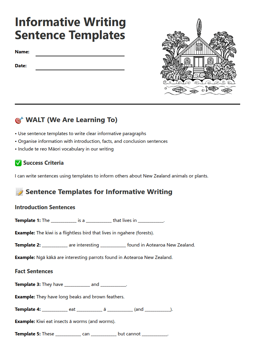 Informative Writing Sentence Templates worksheet preview