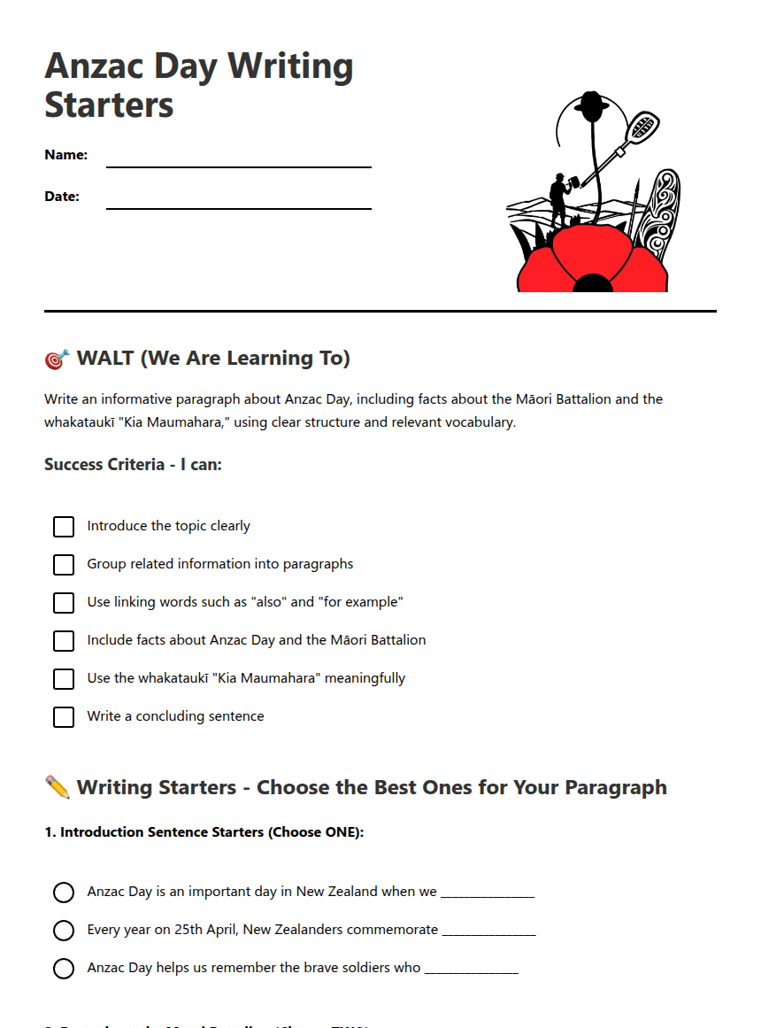 Anzac Day Writing Starters worksheet preview