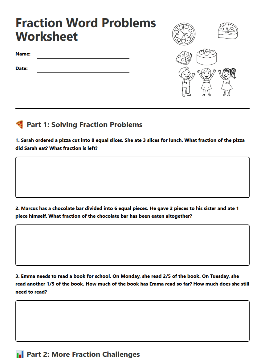 Fraction Word Problems Worksheet worksheet preview