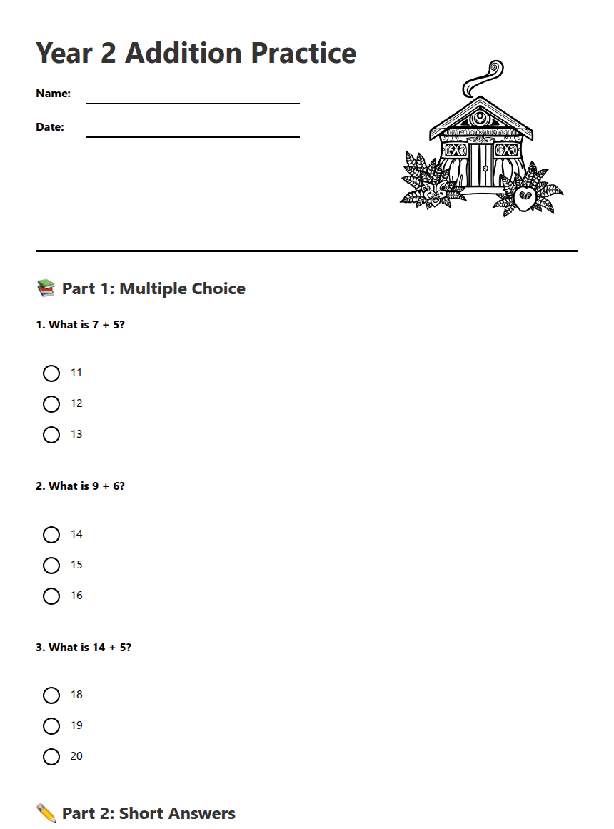 Year 2 Addition Practice worksheet preview