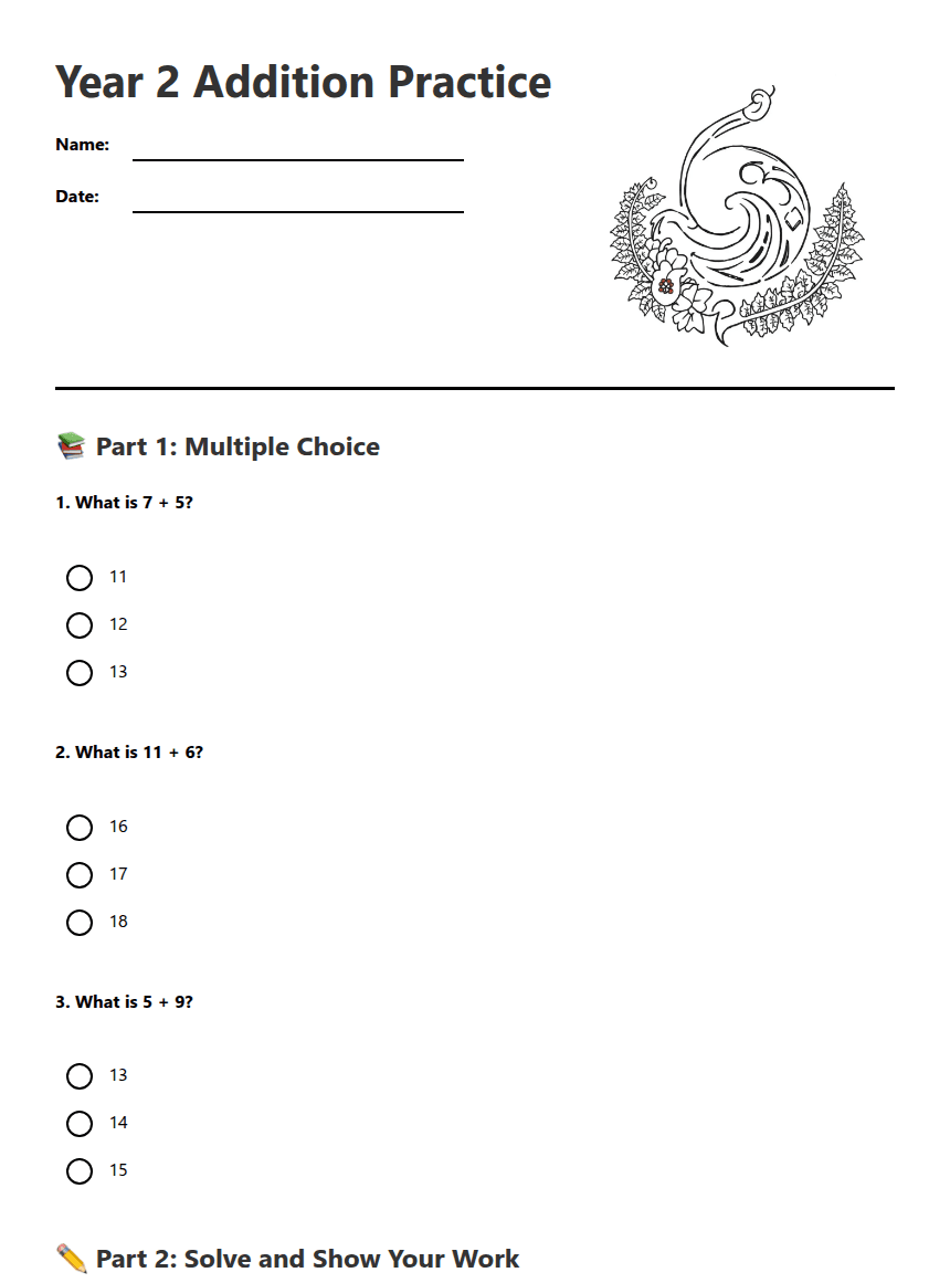 Year 2 Addition Practice worksheet preview