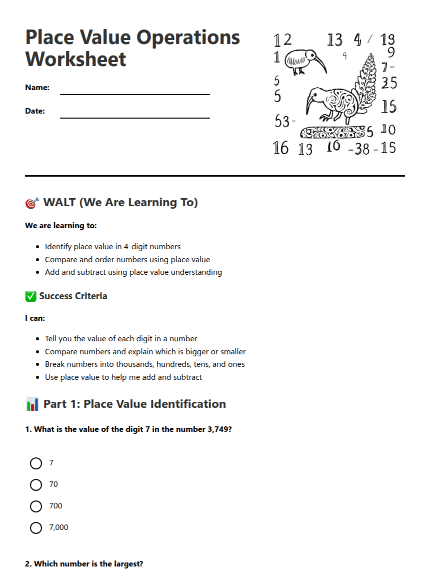 Place Value Operations Worksheet worksheet preview