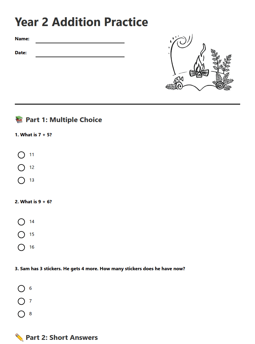 Year 2 Addition Practice worksheet preview
