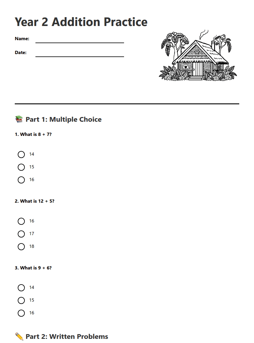 Year 2 Addition Practice worksheet preview