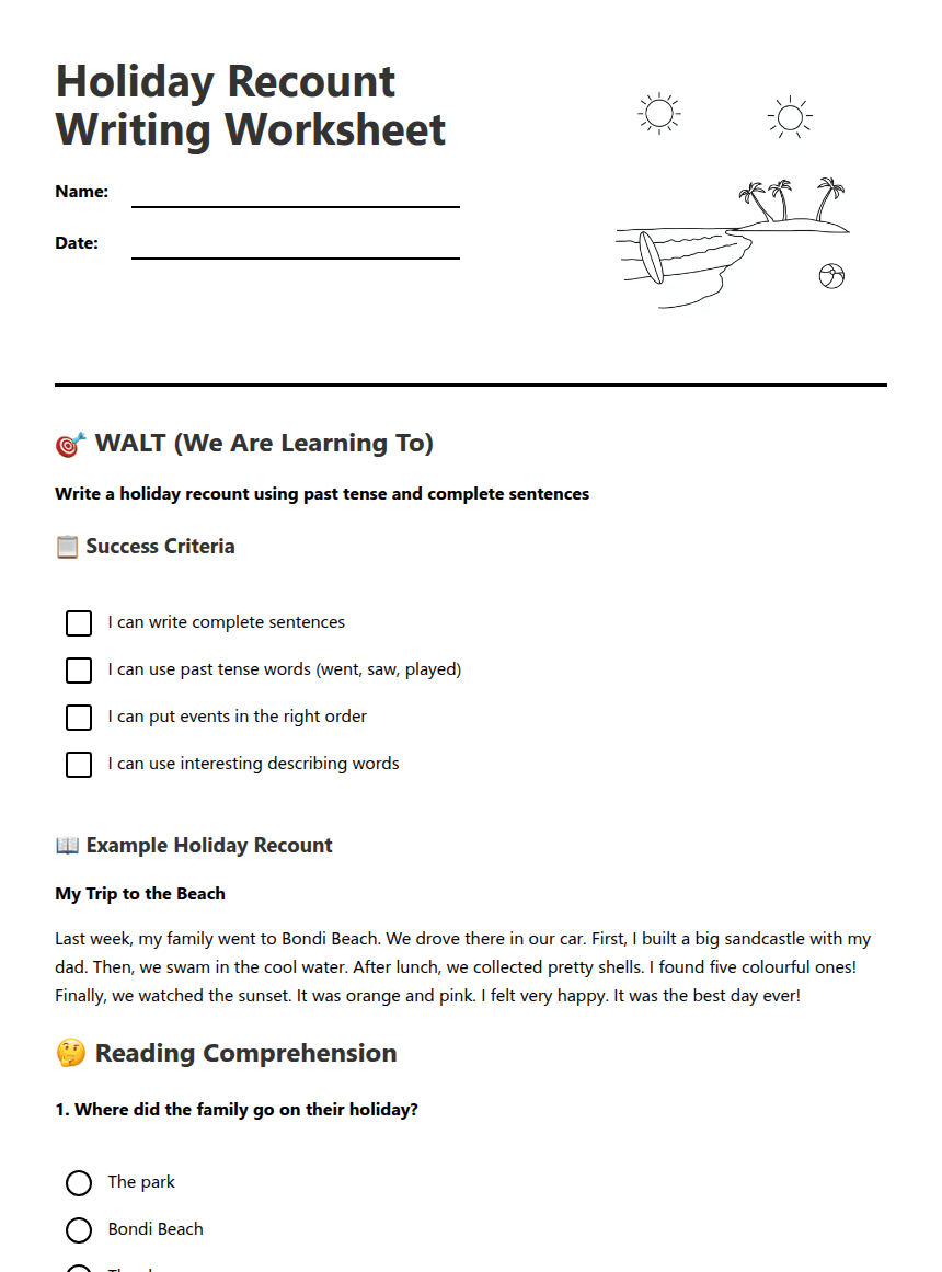 Holiday Recount Writing Worksheet worksheet preview