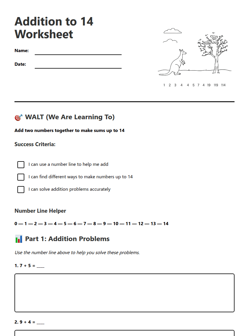 Addition to 14 Worksheet worksheet preview