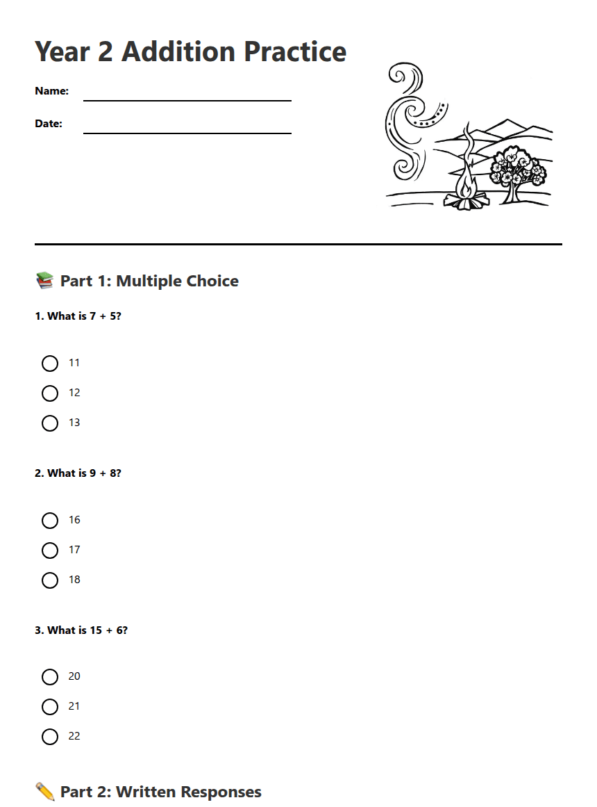 Year 2 Addition Practice worksheet preview