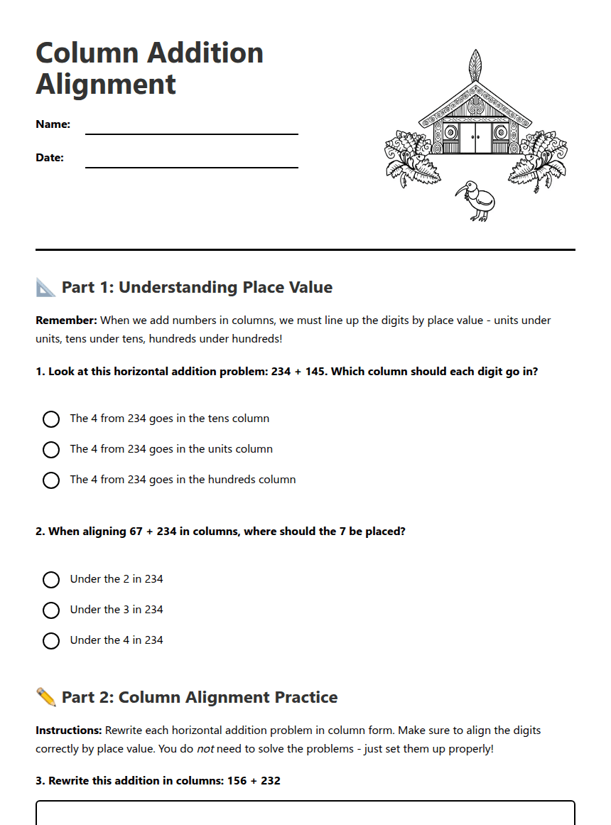 Column Addition Alignment worksheet preview