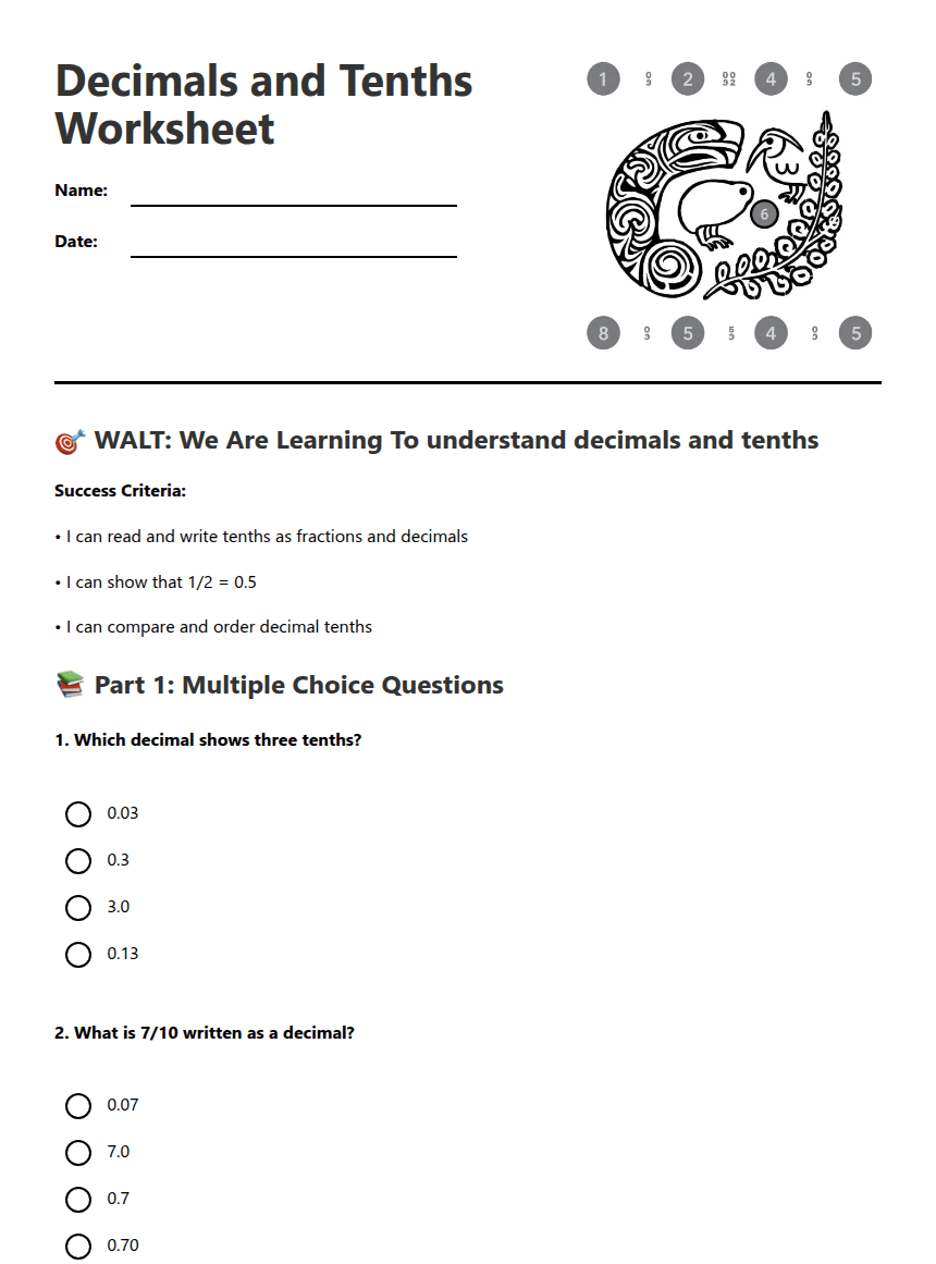 Decimals and Tenths Worksheet worksheet preview