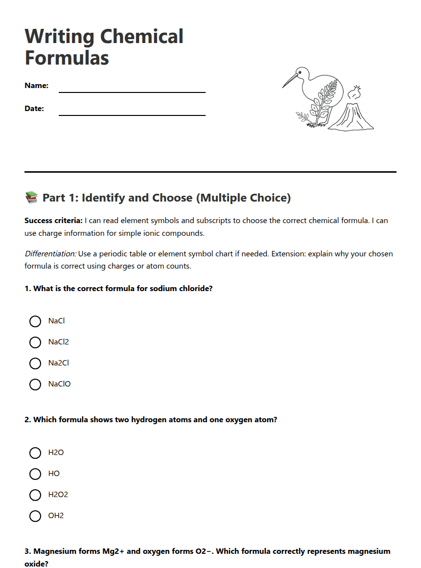 Writing Chemical Formulas worksheet preview