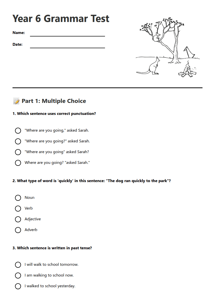 Year 6 Grammar Test worksheet preview