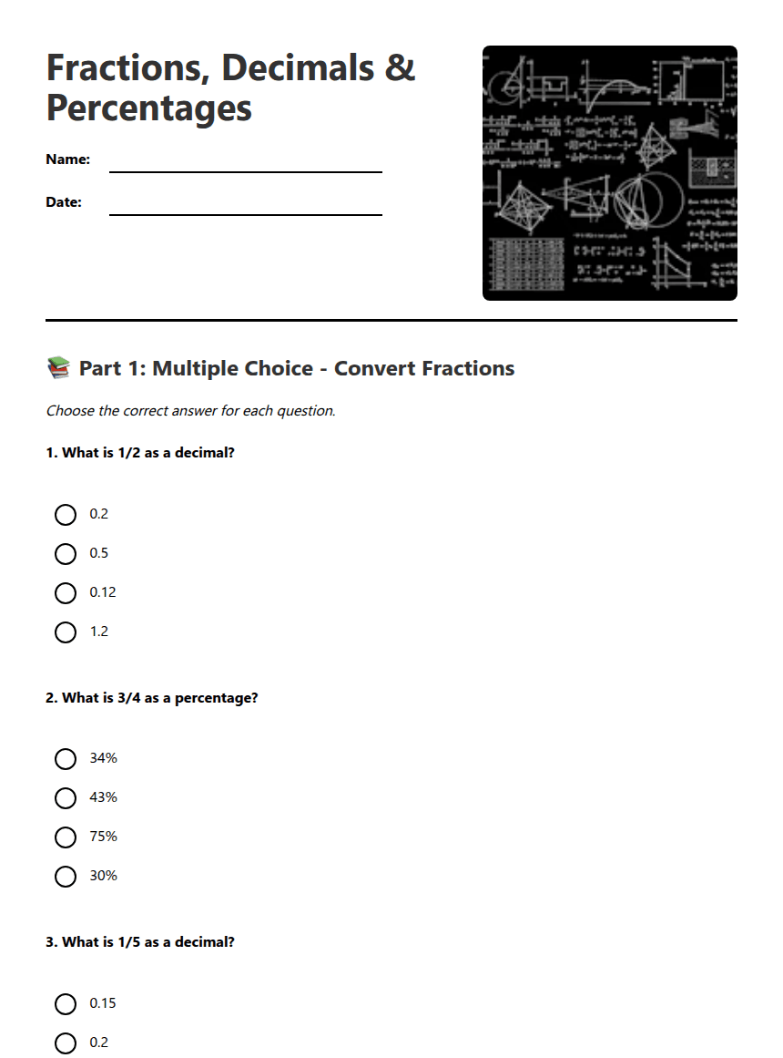Fractions, Decimals & Percentages worksheet preview