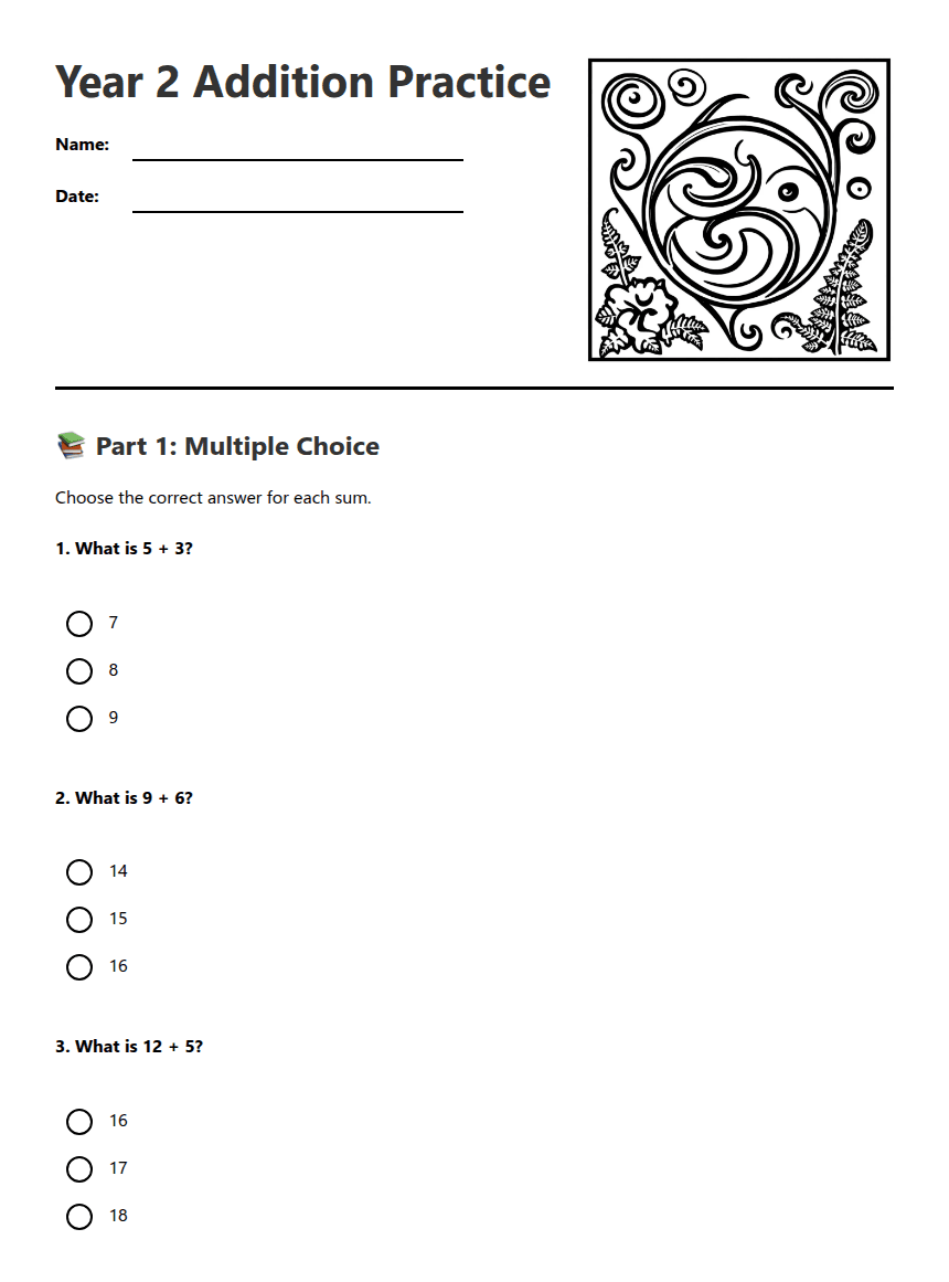 Year 2 Addition Practice worksheet preview