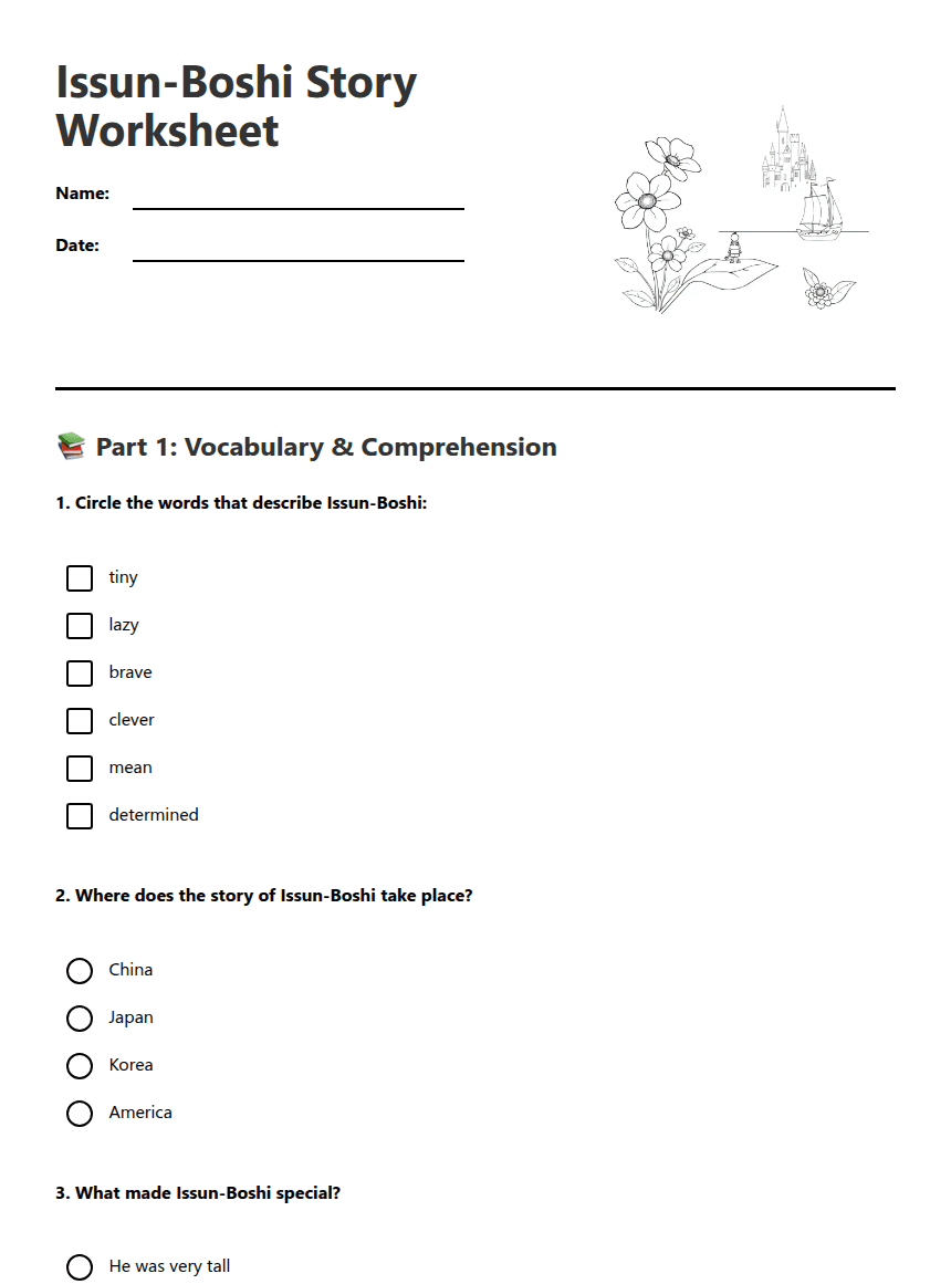 Issun-Boshi Story Worksheet worksheet preview