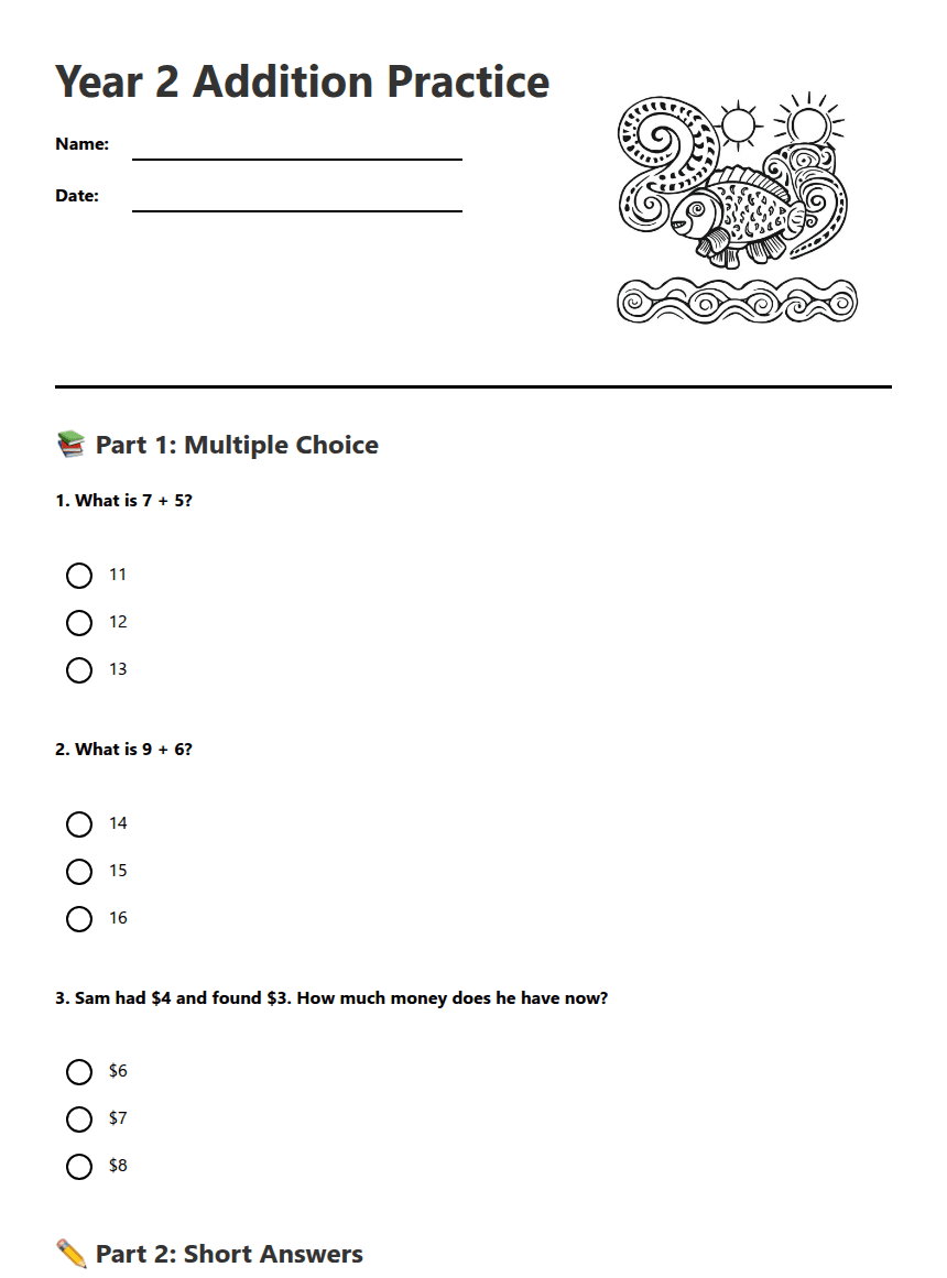 Year 2 Addition Practice worksheet preview
