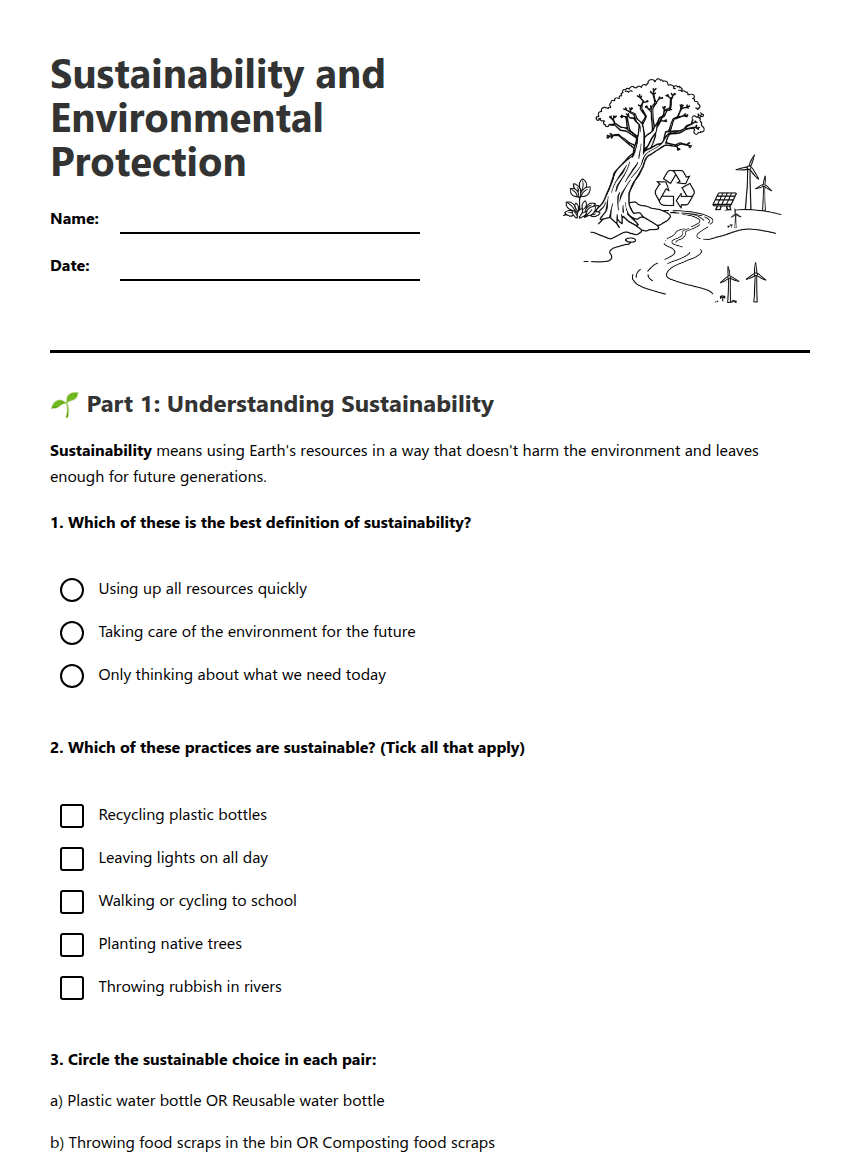 Sustainability and Environmental Protection worksheet preview