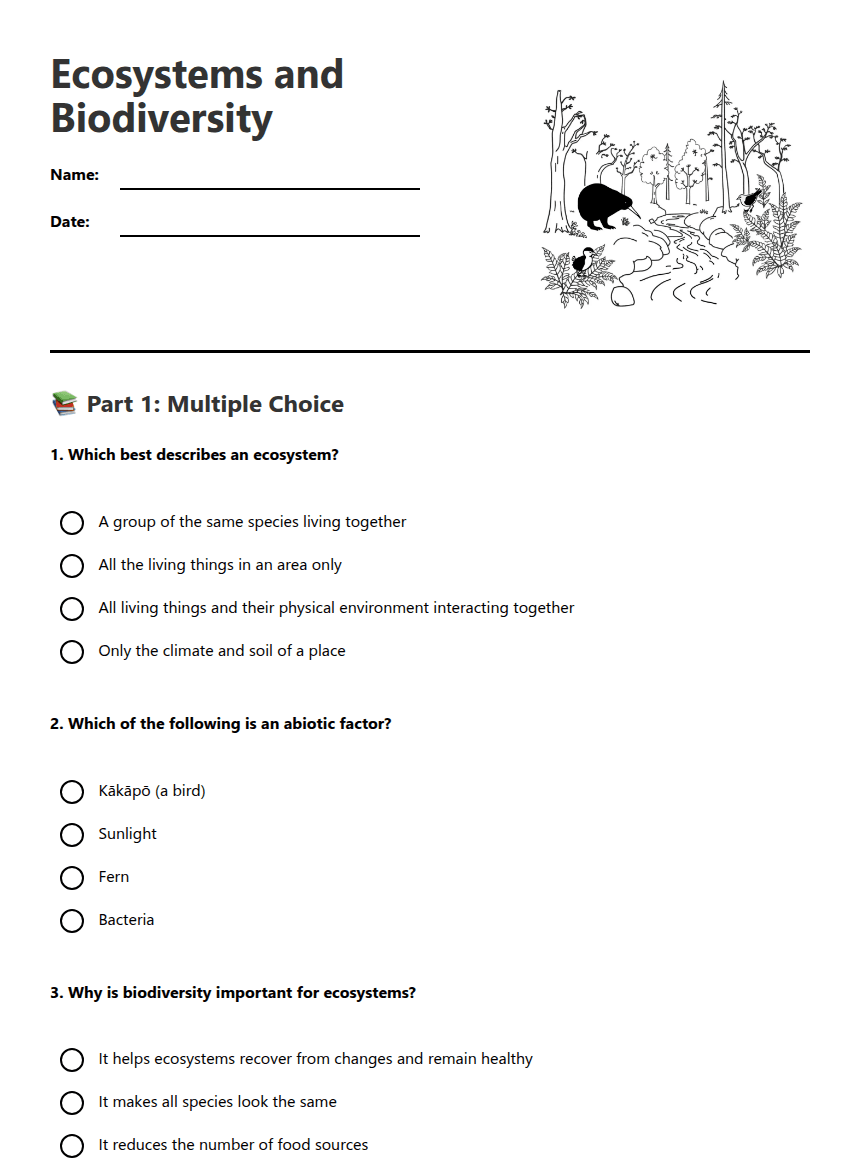 Ecosystems and Biodiversity worksheet preview