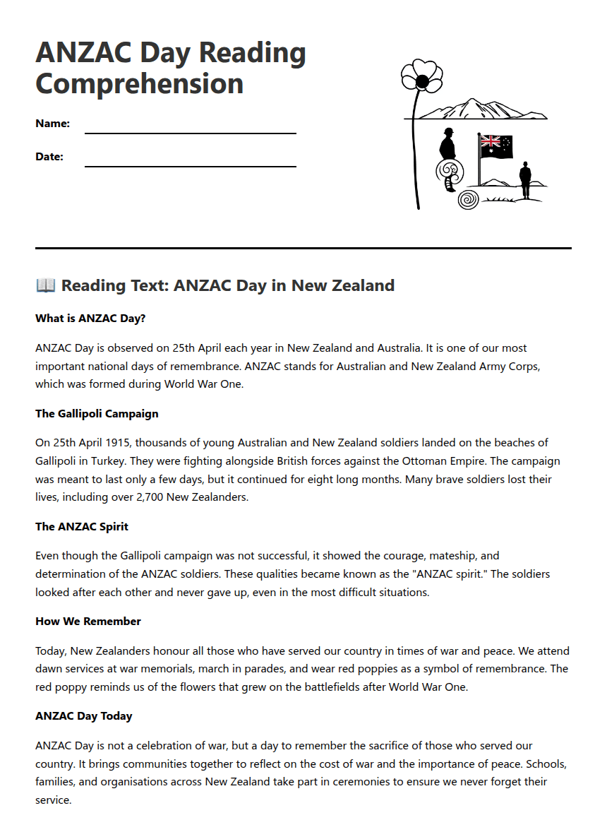 ANZAC Day Reading Comprehension worksheet preview