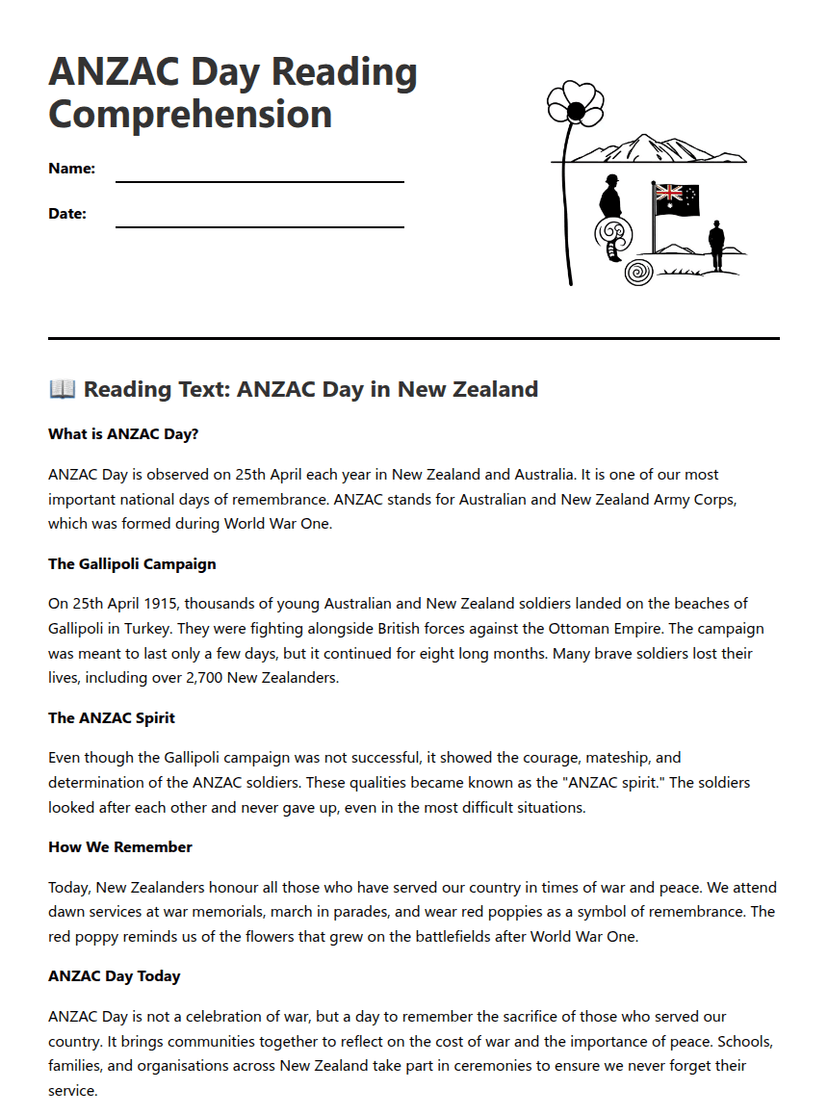 ANZAC Day Reading Comprehension
