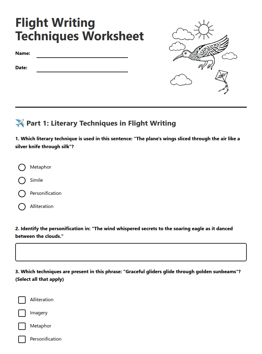 Flight Writing Techniques Worksheet worksheet preview