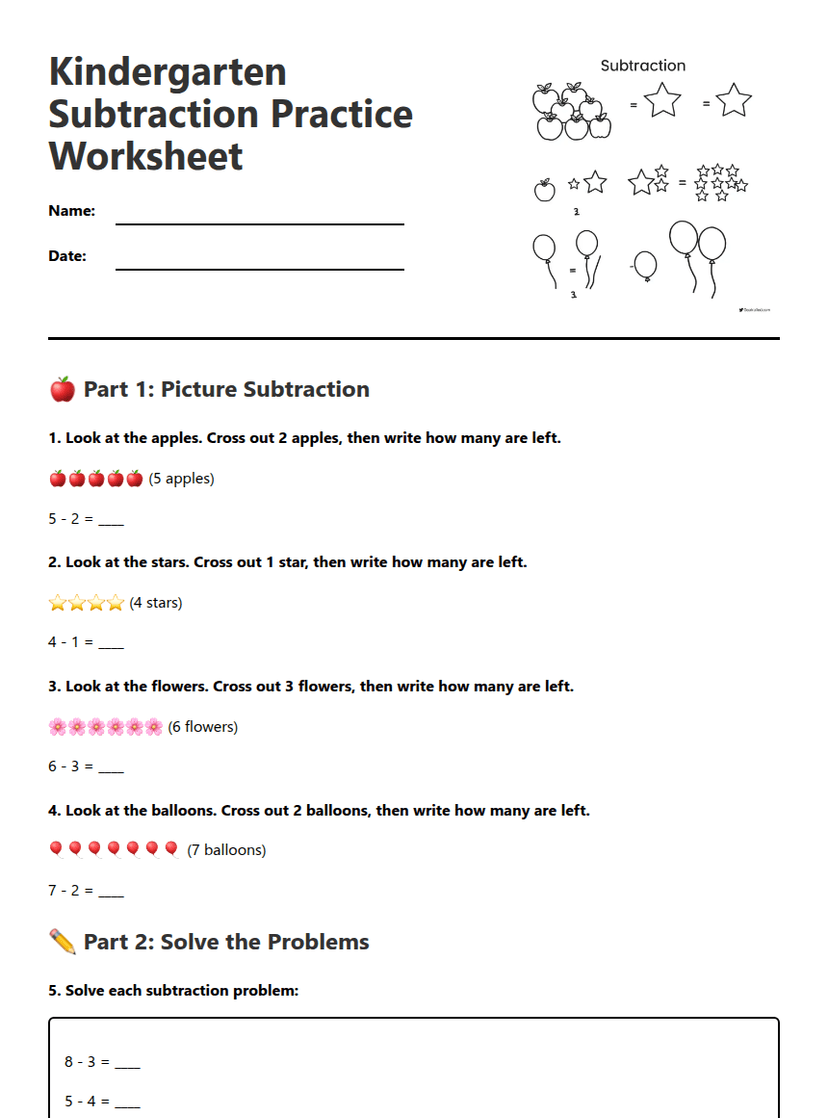 Kindergarten Subtraction Practice Worksheet