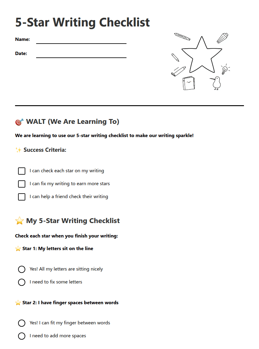 5-Star Writing Checklist worksheet preview