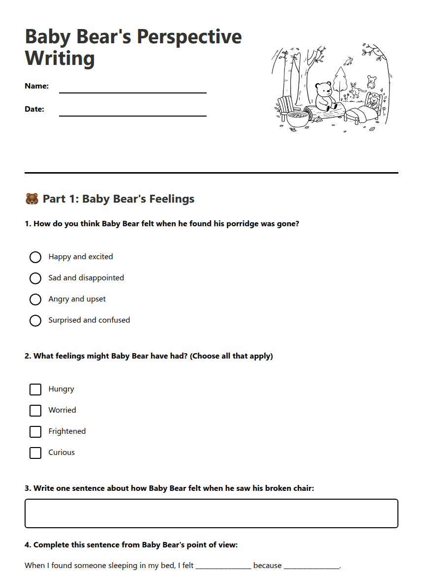 Baby Bear's Perspective Writing worksheet preview