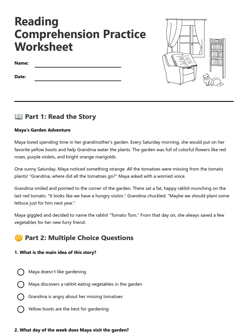 Reading Comprehension Practice Worksheet worksheet preview