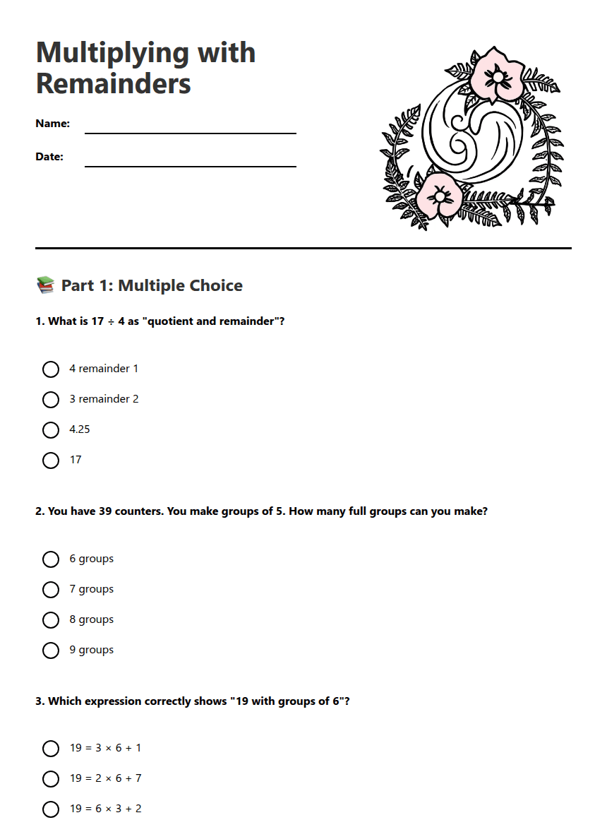 Multiplying with Remainders worksheet preview