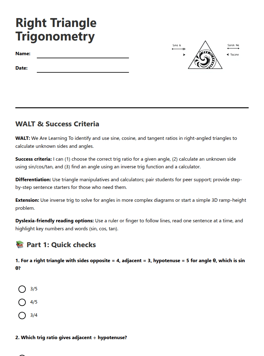 Right Triangle Trigonometry worksheet preview