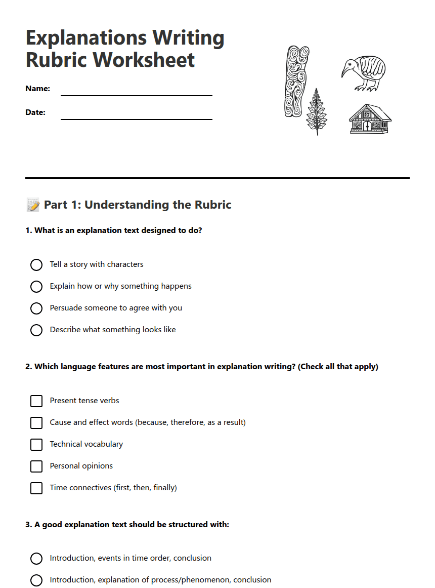 Explanations Writing Rubric Worksheet worksheet preview