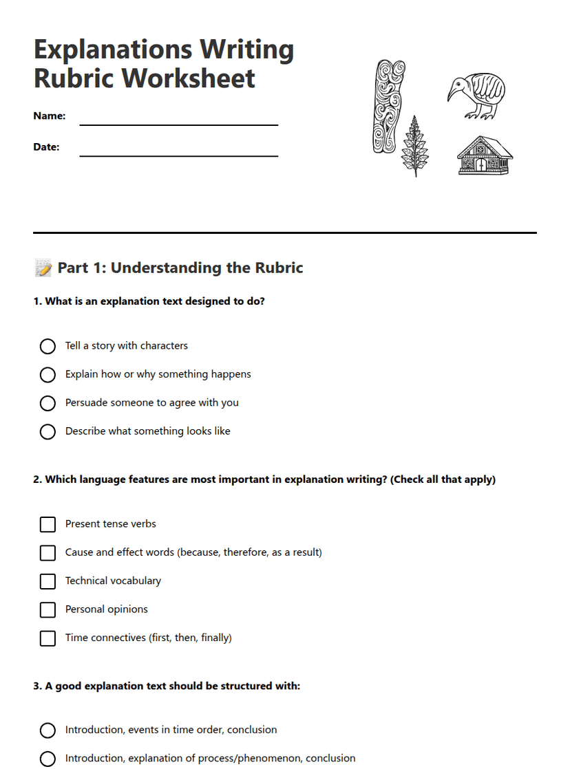 Explanations Writing Rubric Worksheet