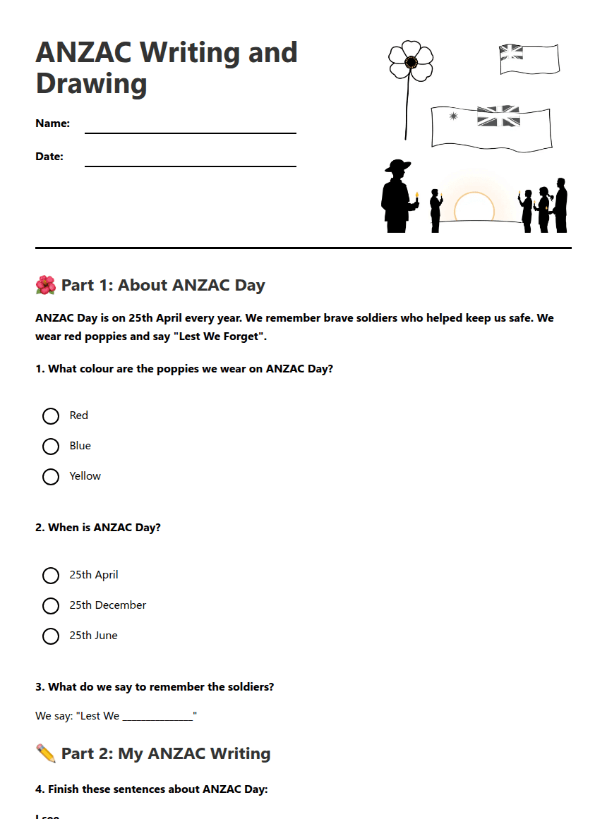 ANZAC Writing and Drawing worksheet preview