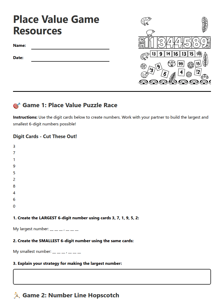 Place Value Game Resources worksheet preview