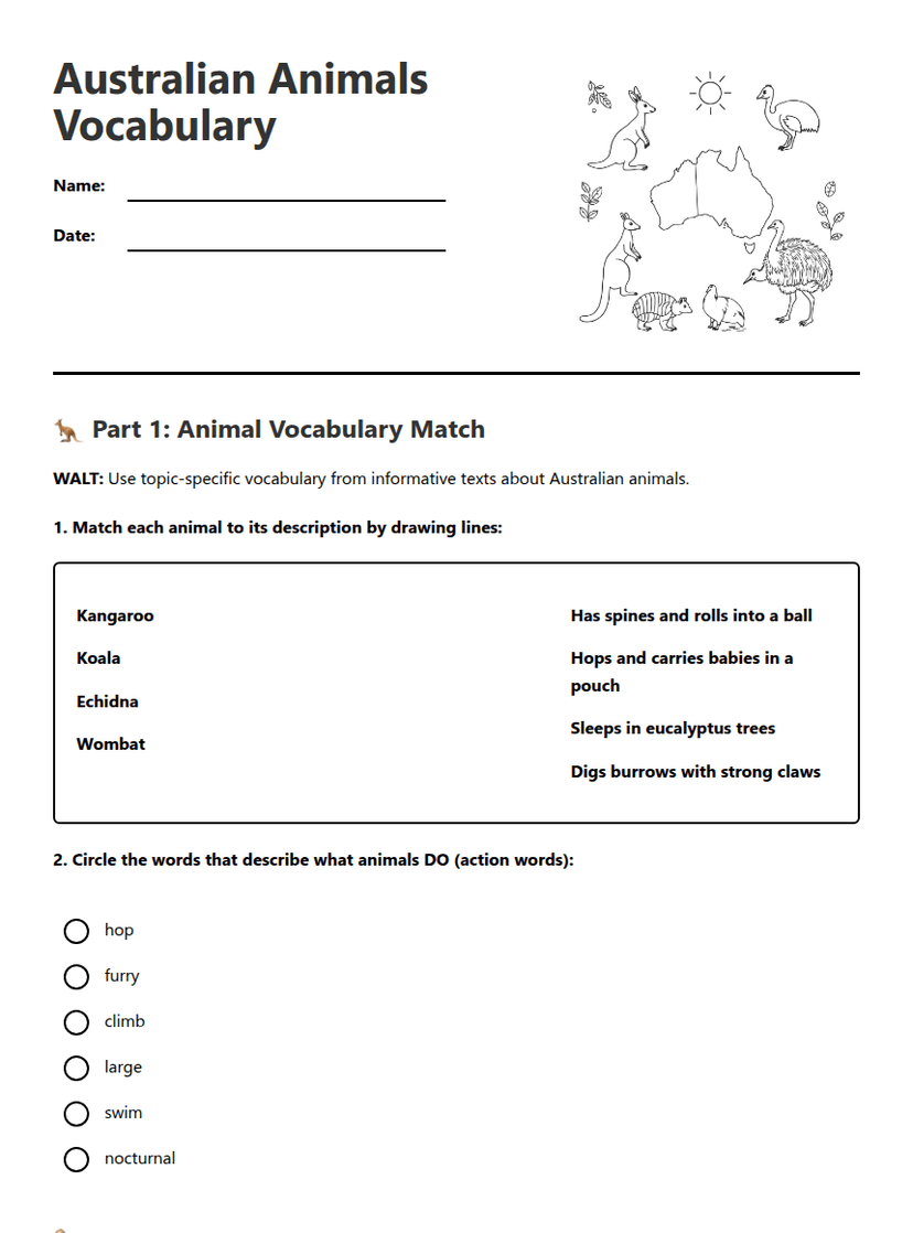 Australian Animals Vocabulary
