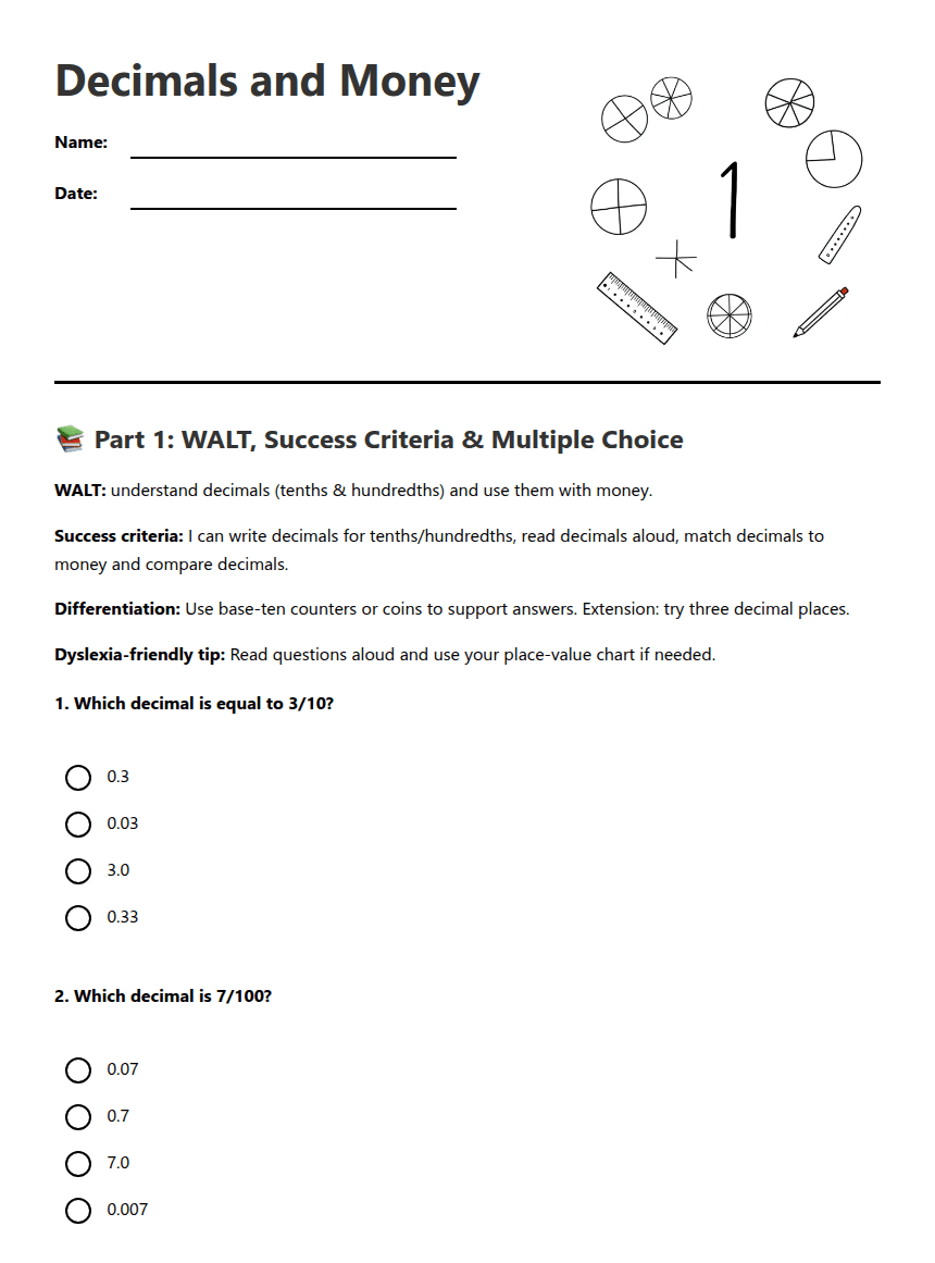 Decimals and Money worksheet preview