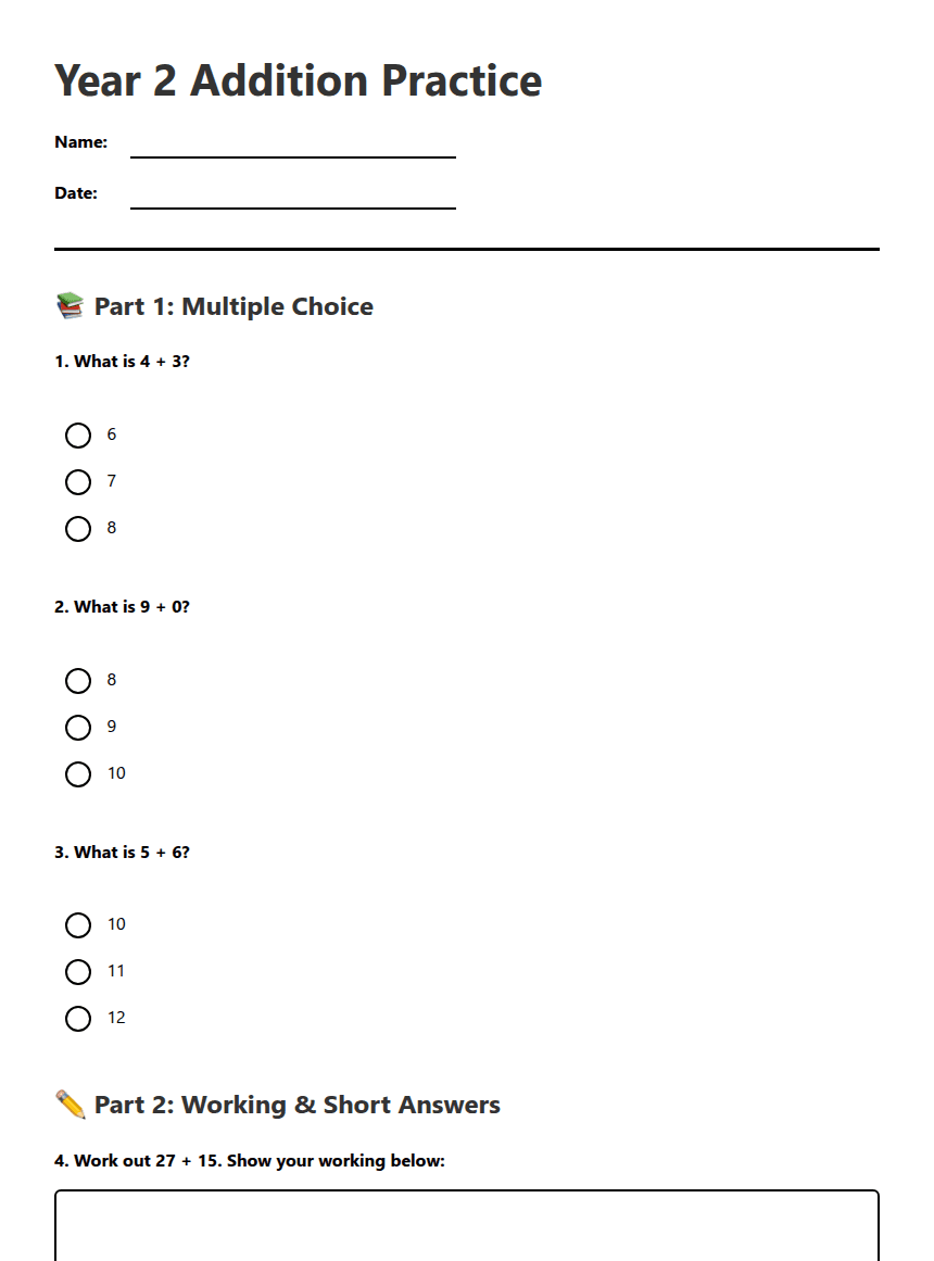 Year 2 Addition Practice worksheet preview