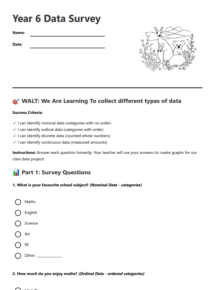 Year 6 Data Survey worksheet preview