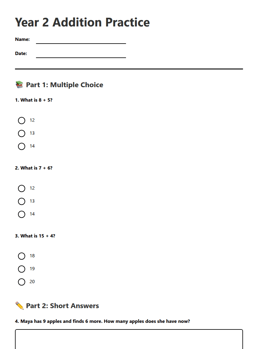 Year 2 Addition Practice worksheet preview
