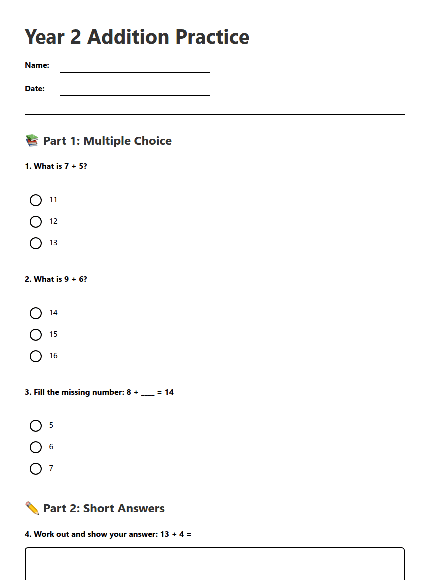 Year 2 Addition Practice worksheet preview