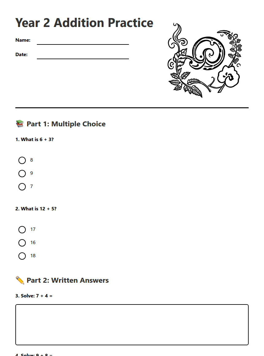 Year 2 Addition Practice worksheet preview