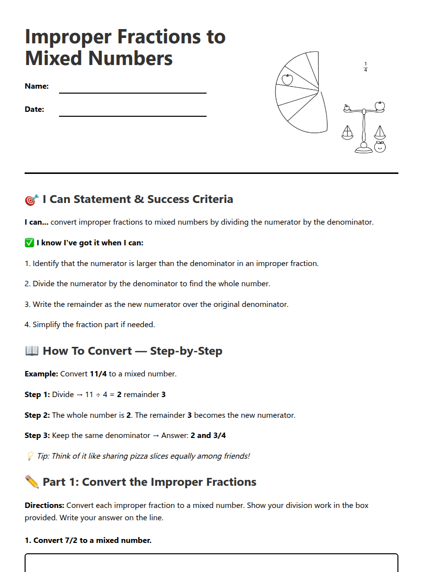 Improper Fractions to Mixed Numbers worksheet preview