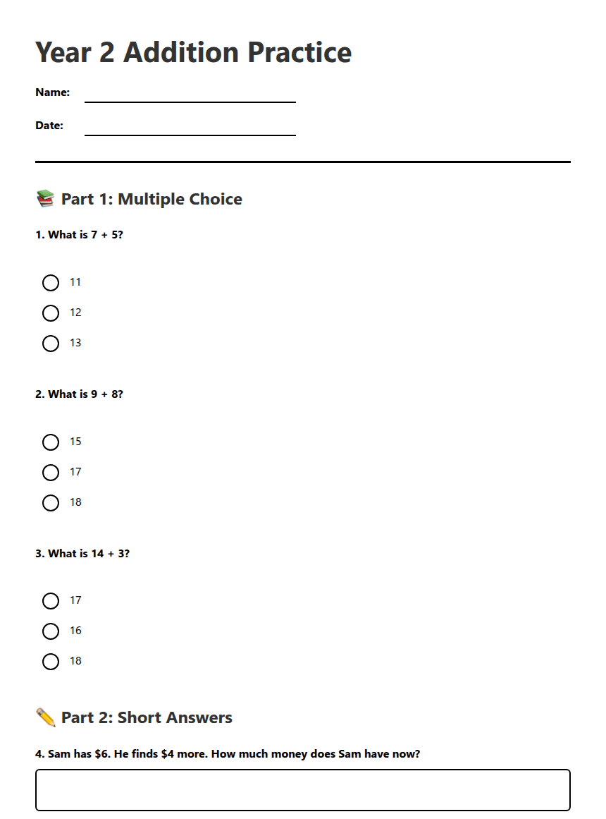 Year 2 Addition Practice worksheet preview