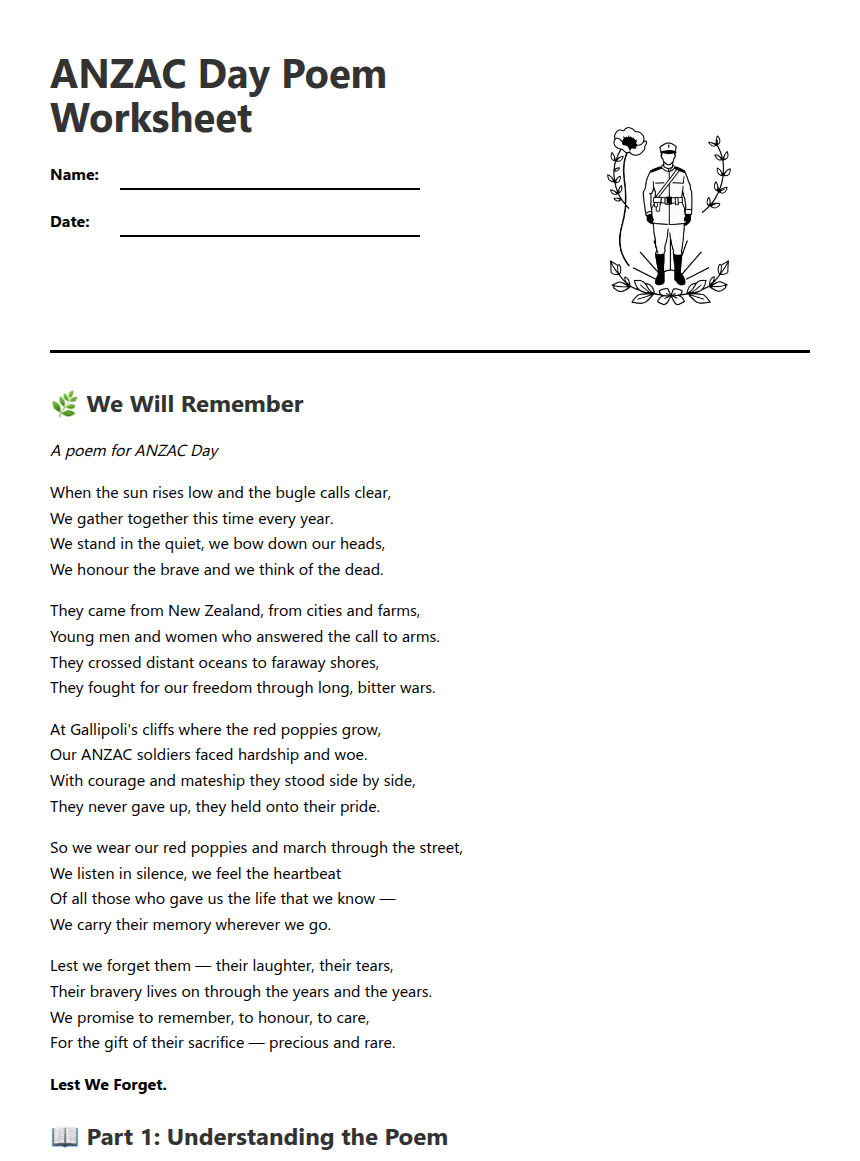 ANZAC Day Poem Worksheet worksheet preview