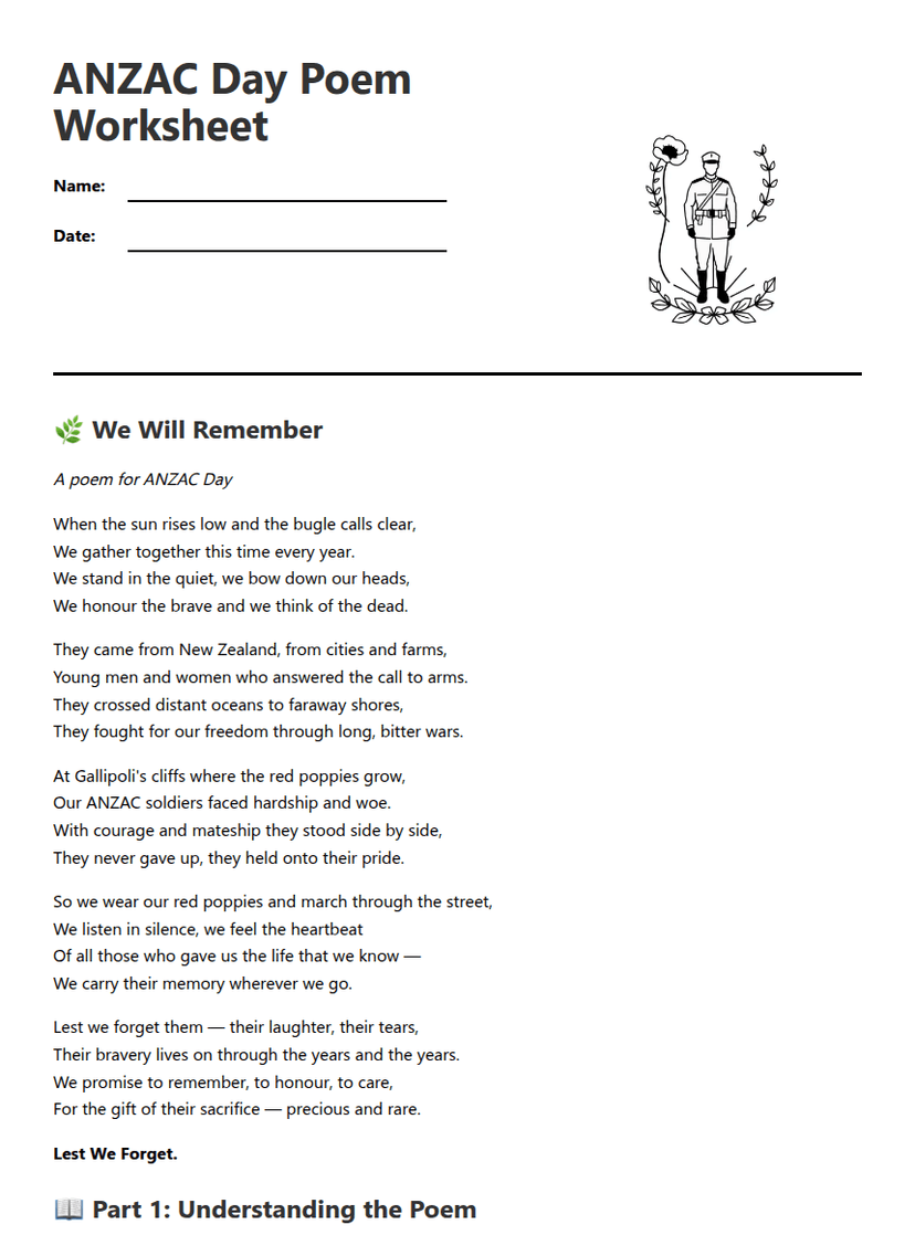 ANZAC Day Poem Worksheet
