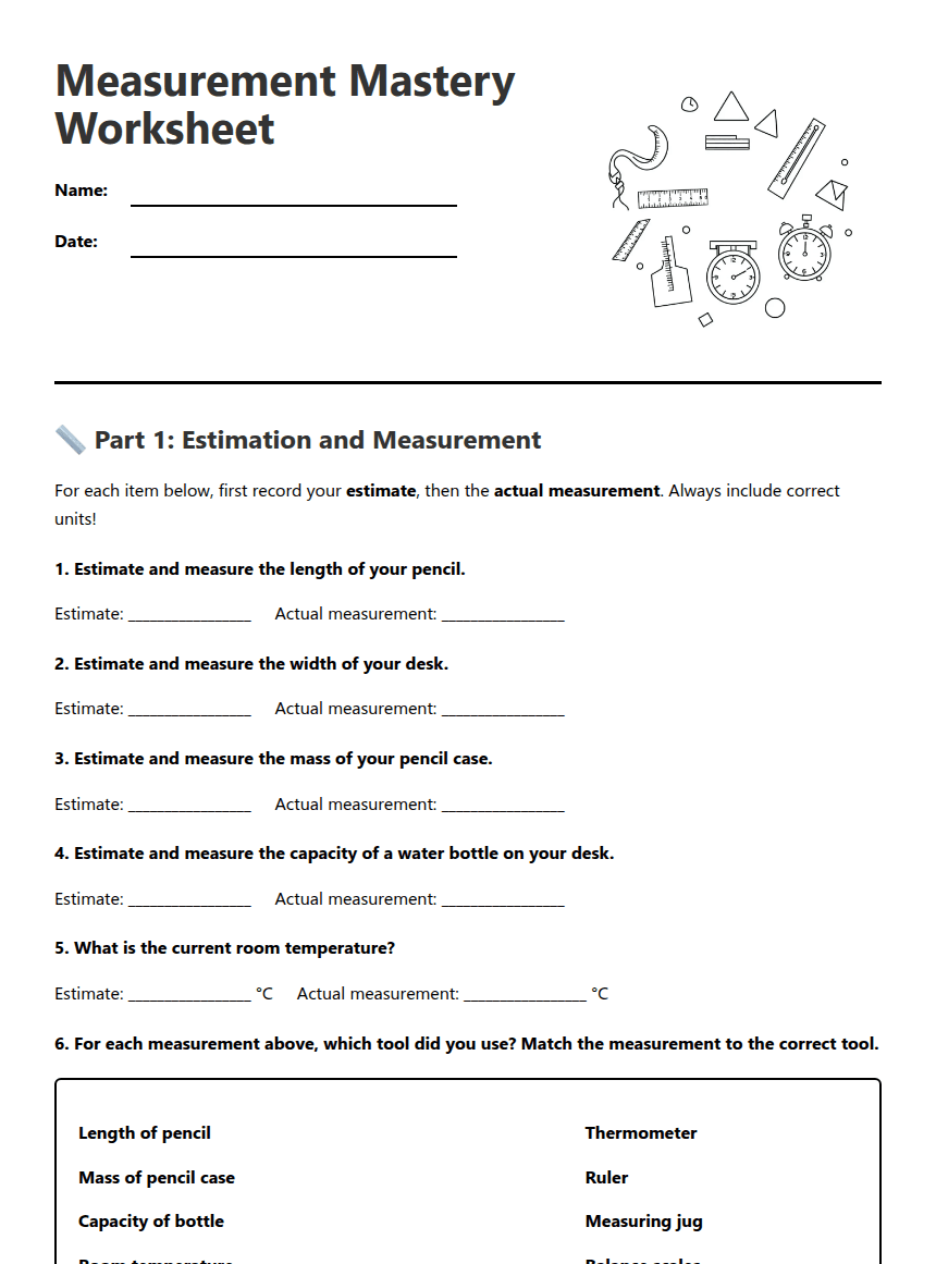 Measurement Mastery Worksheet worksheet preview