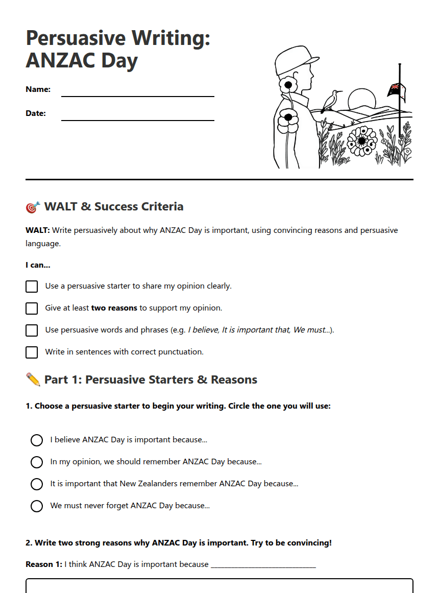 Persuasive Writing: ANZAC Day worksheet preview