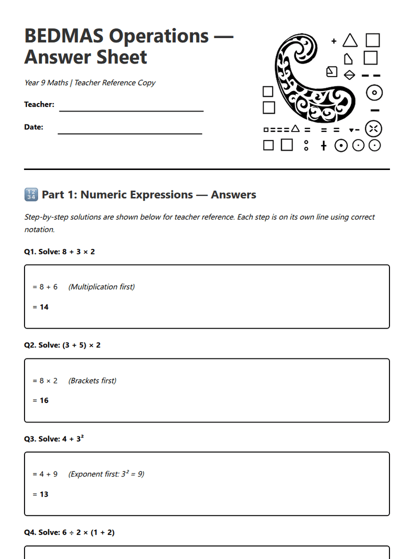 BEDMAS Operations Answer Sheet